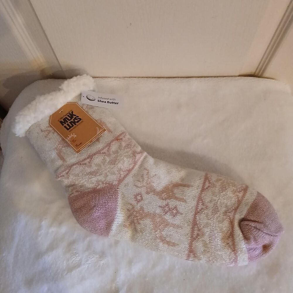 Muk Luks Reindeer Fair Isle Snowflake shea butter infused sherpa slipper socks